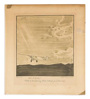 (AVIATION.) WRIGHT, ORVILLE; AND CHARLES A. LINDBERGH. Two reproductions of drawings by Frank Lemon, each Signed by one.